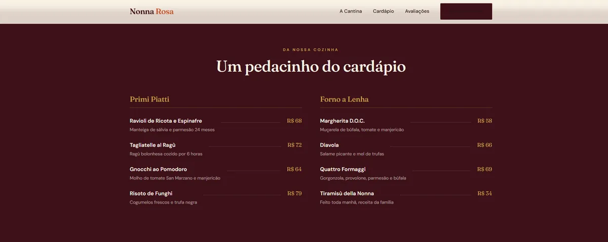 Cardápio de restaurante com preços visíveis e tipografia elegante